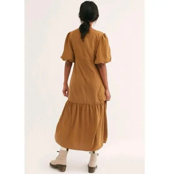 NWT Free People Jordan Puff Short Sleeve Ruffle Hem Midi Dress Tabacoo Size XL - Picture 3 of 10